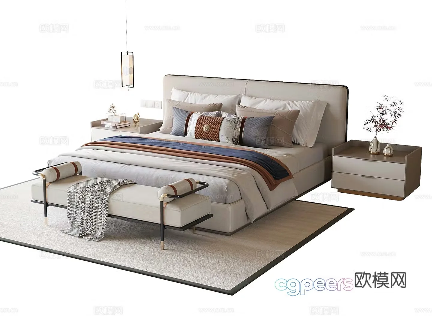 New Chinese style double bed bed tail stool bedside table 3D model