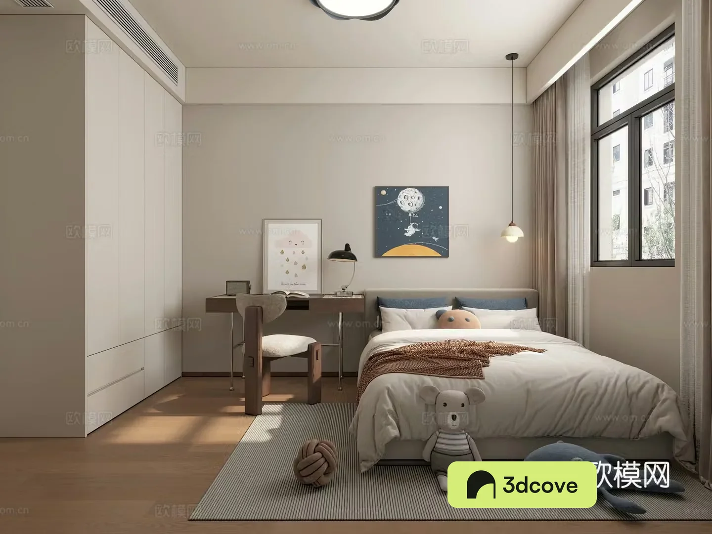 Middle-aged boy room desk chair hanging painting 3d model
