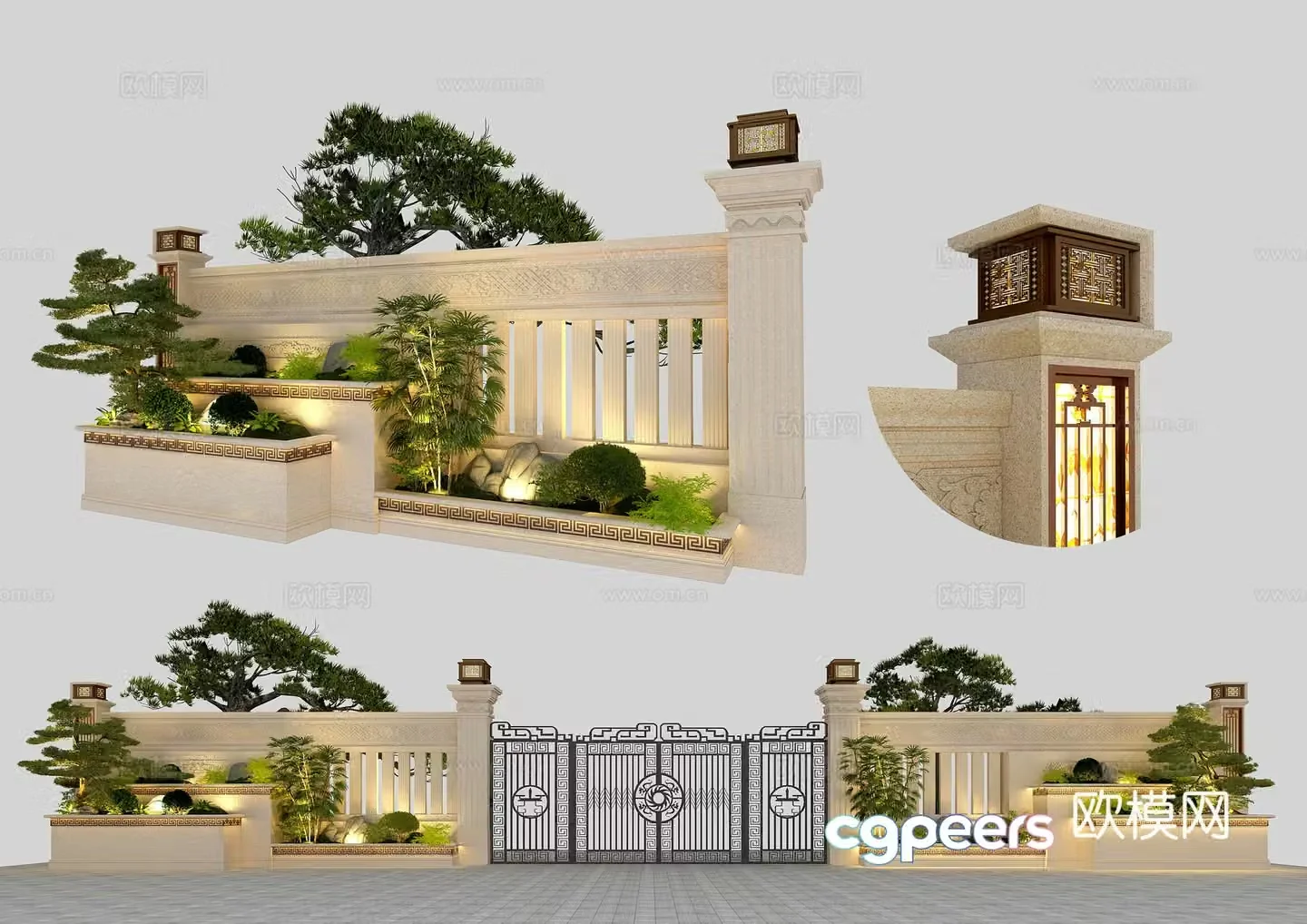 New Chinese style villa courtyard gate fence 3d model