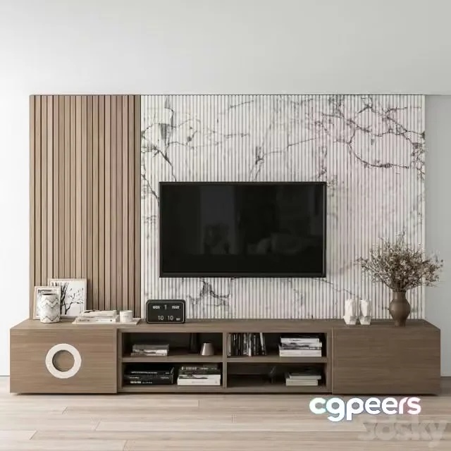 3ds Max Free – TV Wall Stone and Wood – Set 16
