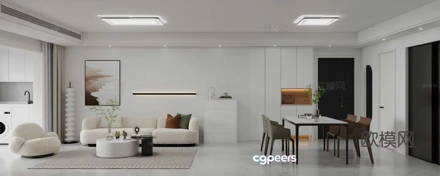 Modern minimalist living and dining room 3D model