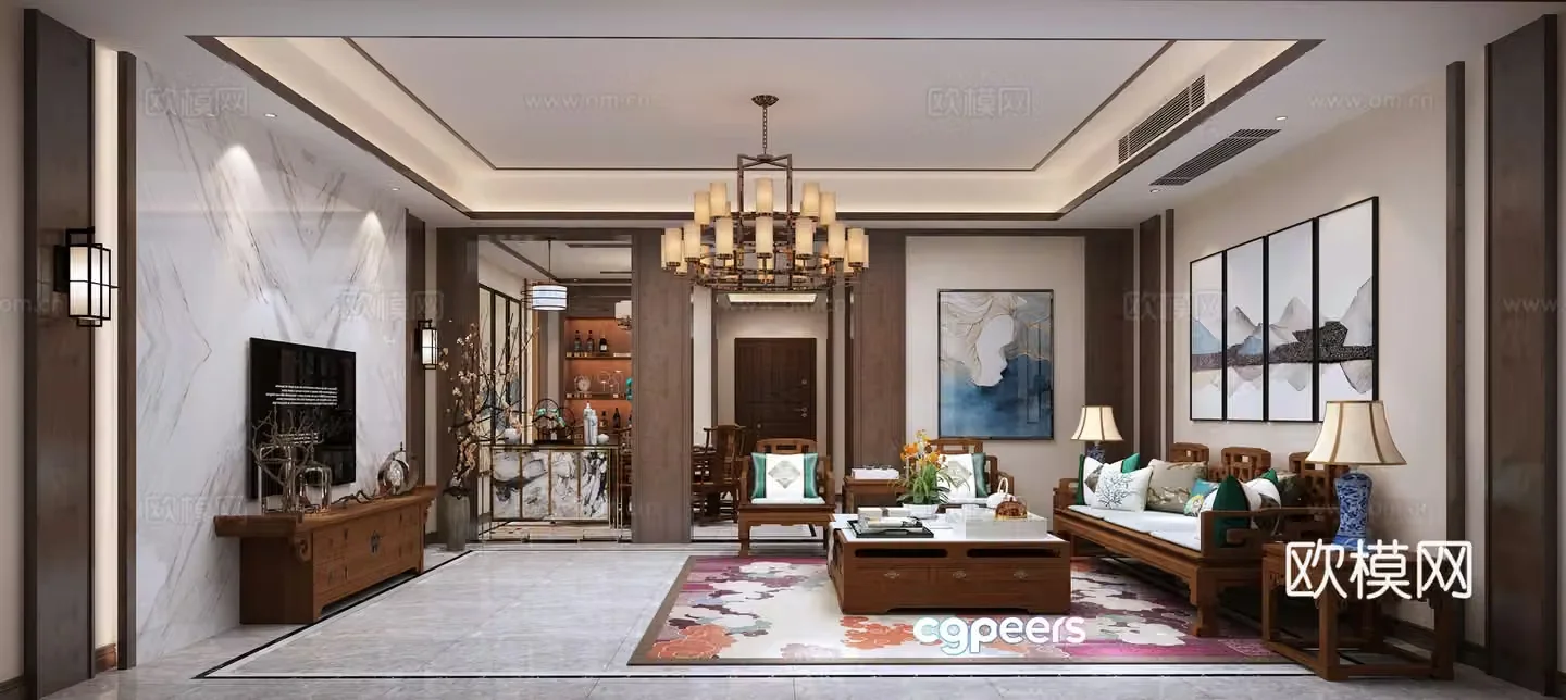 Chinese living room and dining room New Chinese living room and dining room sofa Dining table and chair Curtain 3D model