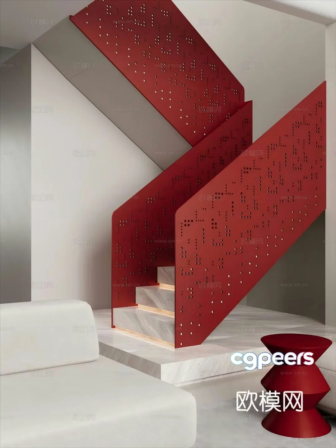 Modern minimalist villa living room stairs sofa 3d model