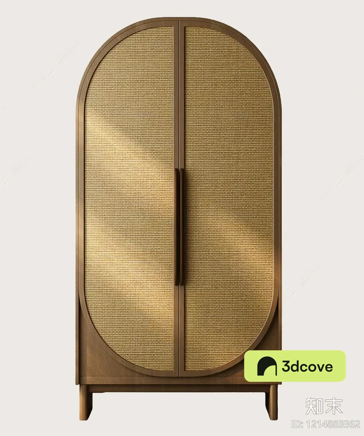 A Wooden Cabinet With A Wicker Door