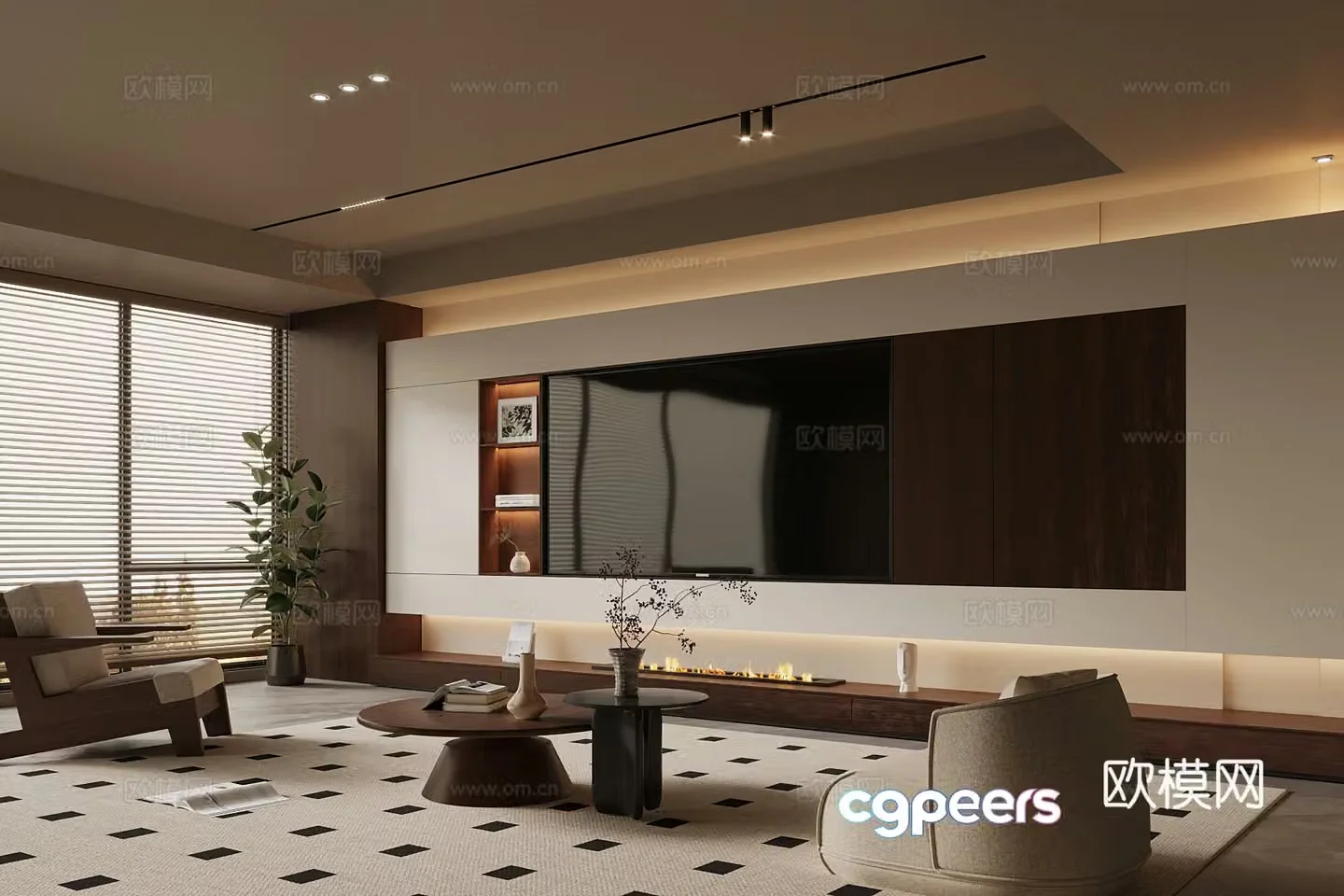 Middle style living room TV background wall sofa coffee table combination 3D model