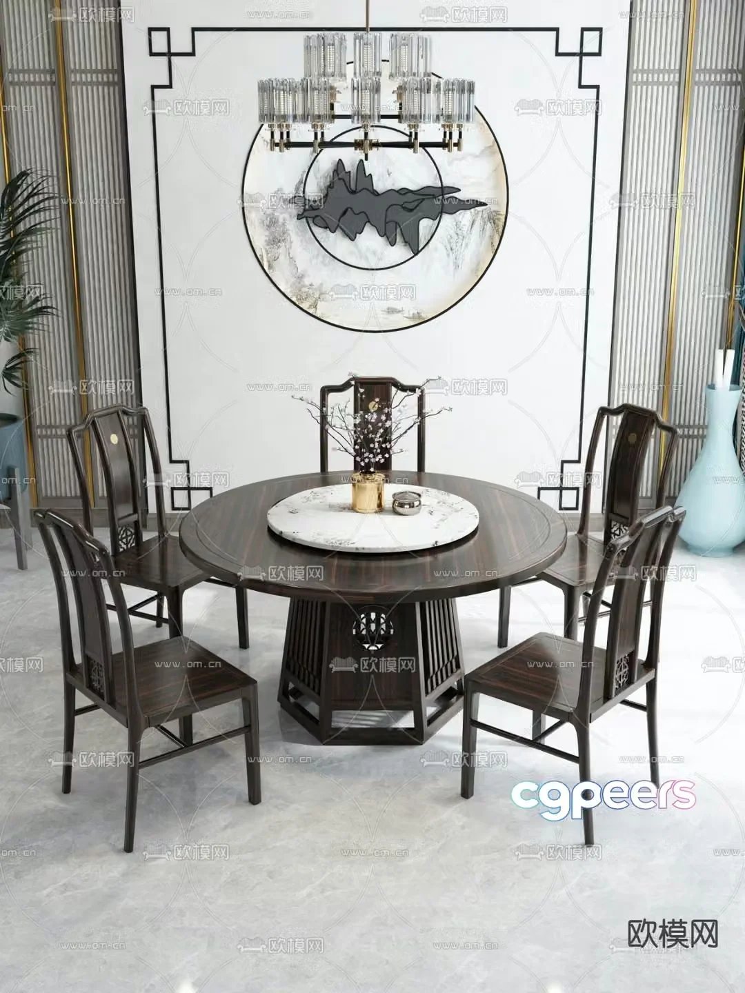 Chinese dining table and chairs round dining table 3d model
