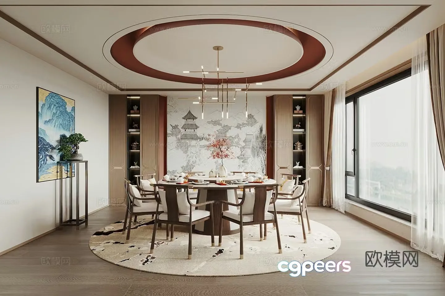 New Chinese restaurant private room private room background wall round dining table and chair hotel private room background wall 3d model