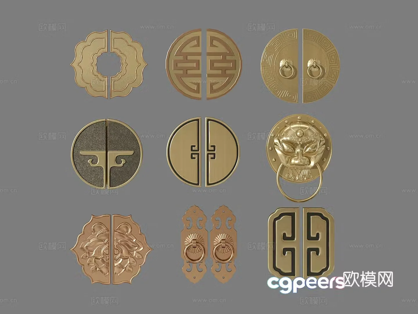 New Chinese style circular door handle semi-circular antique bronze door handle 3D model