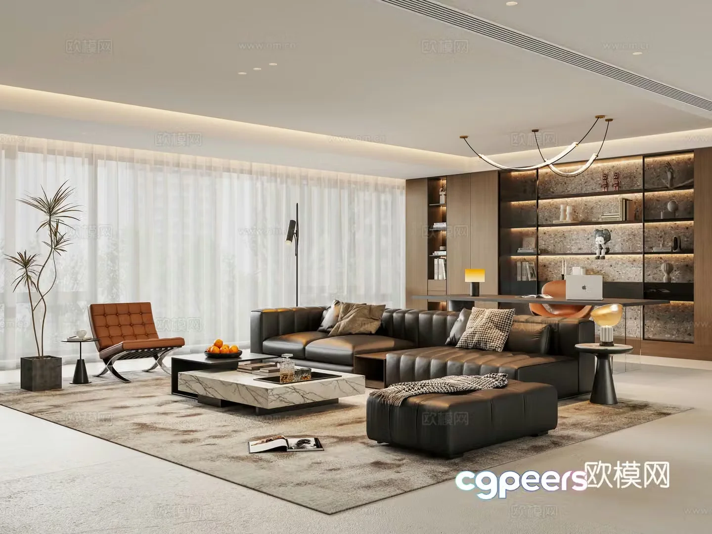 Italian home living room large flat floor living room without lights living room and study leather sofa coffee table set 3D model