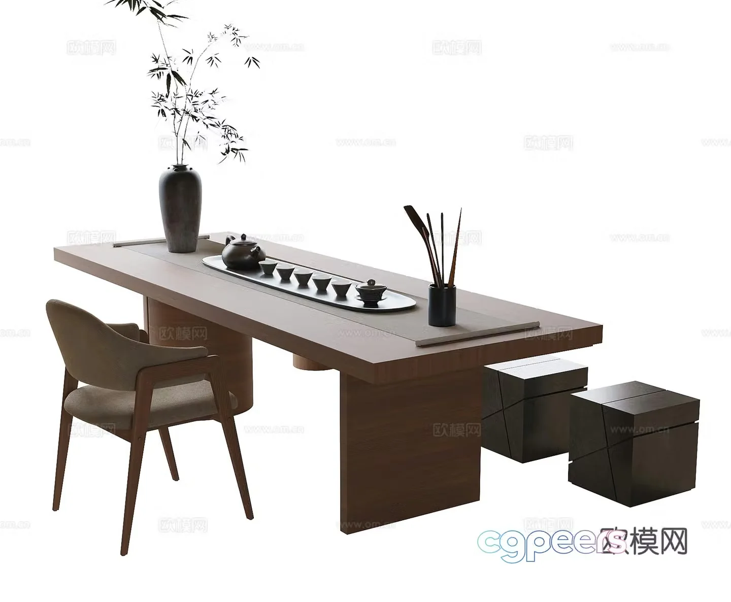 Modern tea table and chair stool tea set tea chair 3d model