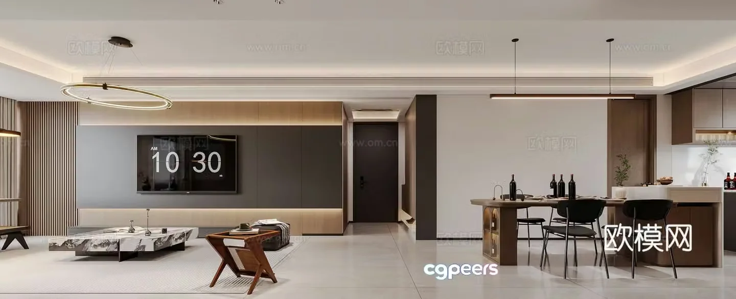 Modern light luxury living and dining room 3D model