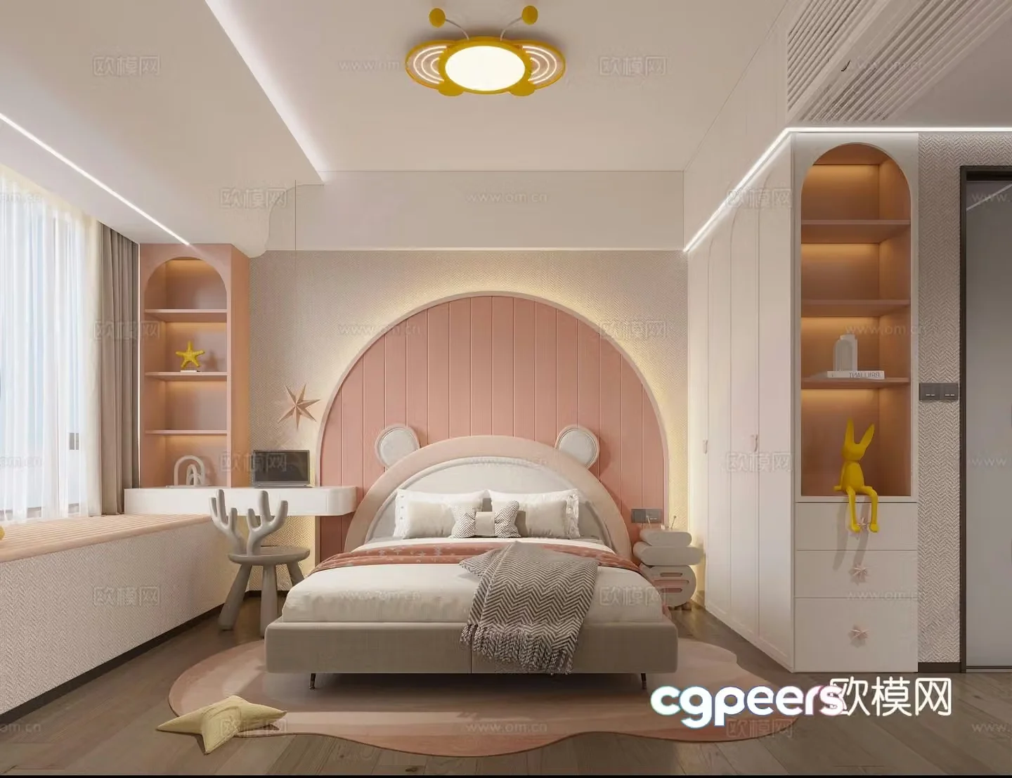 Modern girl room pink wardrobe pink daughter bed daughter room bay window daughter room wardrobe 3d model