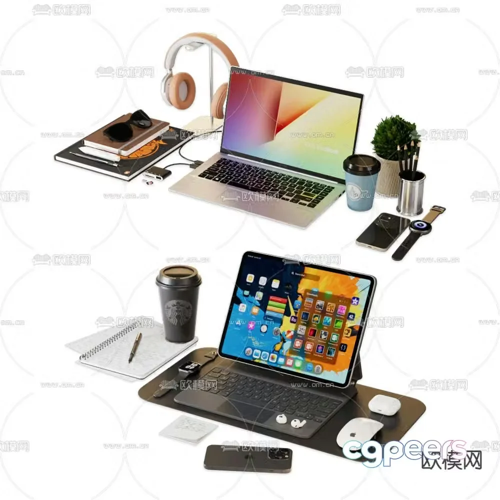 office supplies laptop mobile phone 3d model