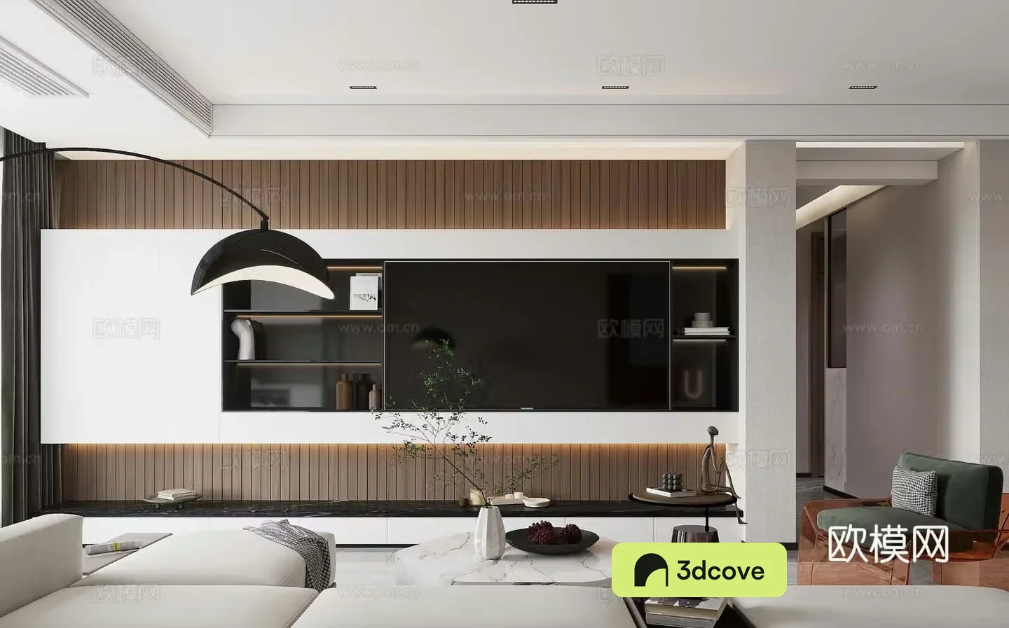 Modern living room TV background wall leisure chair modern living room simple TV cabinet ornament