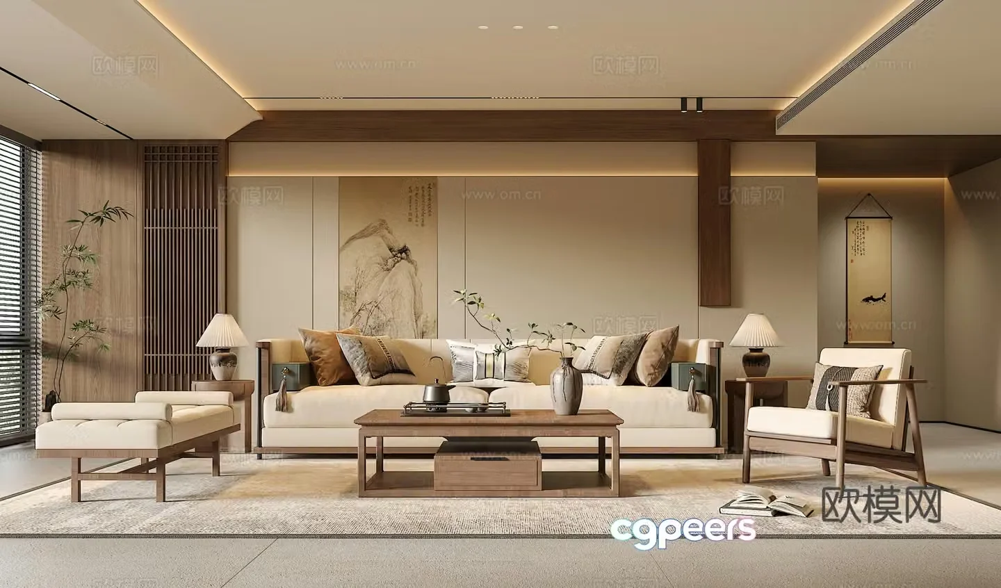 Song’s medieval style living room sofa and coffee table combination green plants accessories desk lamp chandeliers back 3D model