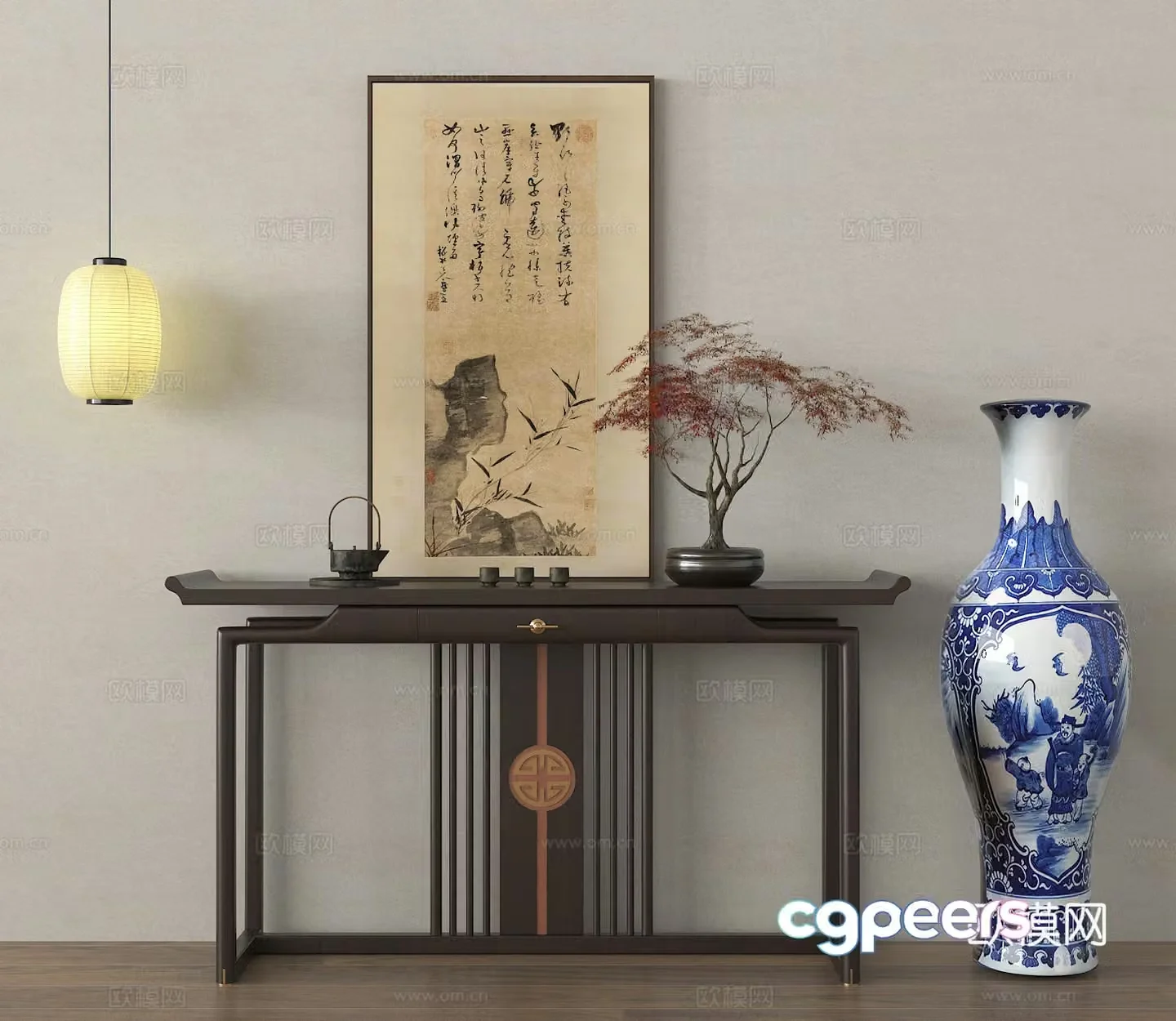 End view case End view platform Blue and white porcelain vase Flower art Ink painting Lantern 3d model 3d model