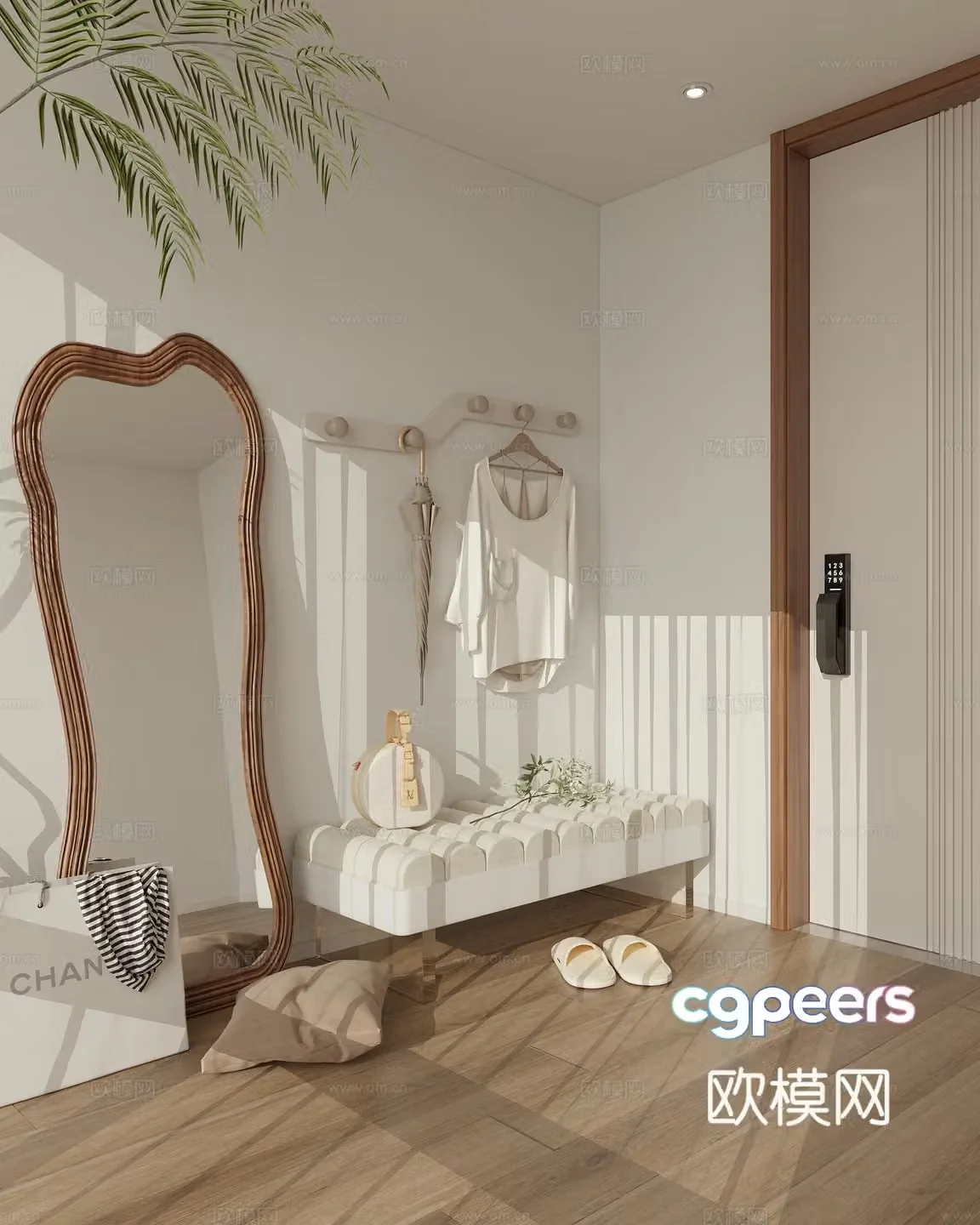 Full-length mirror shoe-changing stool clothes-hanging rail 3D model