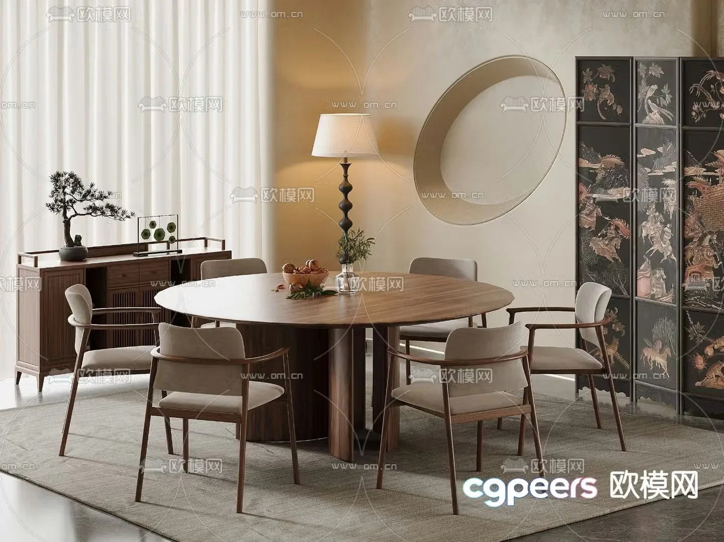 Wabi-sabi dining table and chairs round dining table 3d model