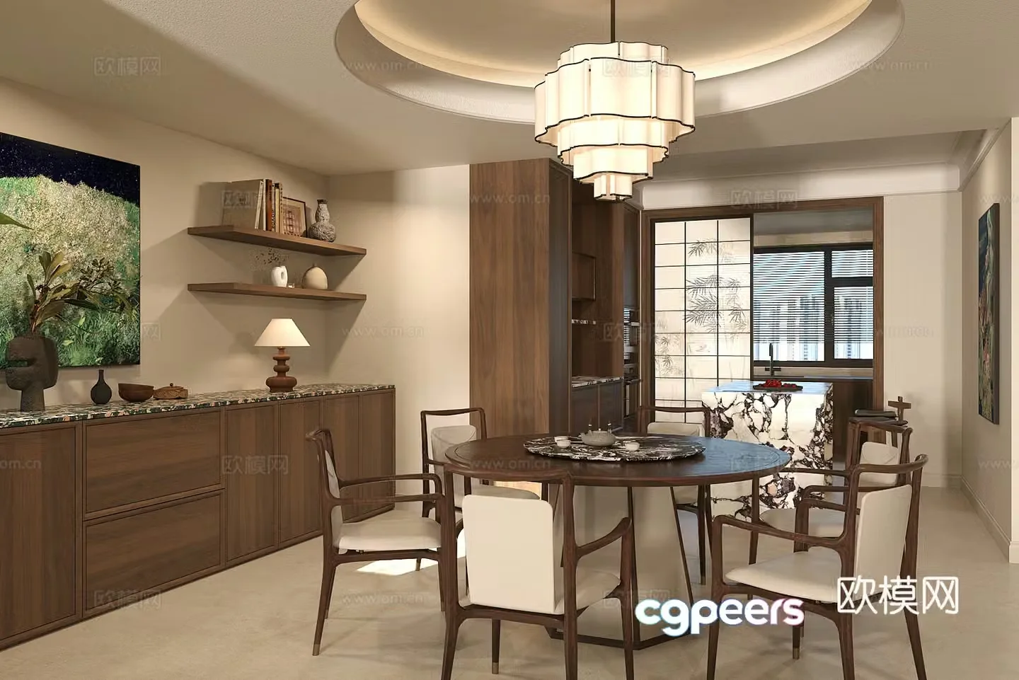 Middle-aged home restaurant dining table and chair combination water bar bar stool open restaurant kitchen 3D model