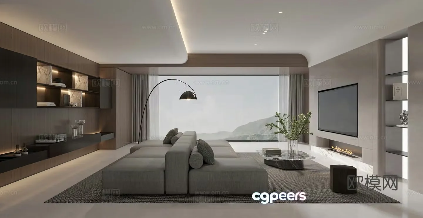 Living room light luxury casual sofa combination sofa large horizontal living room TV background 3D model