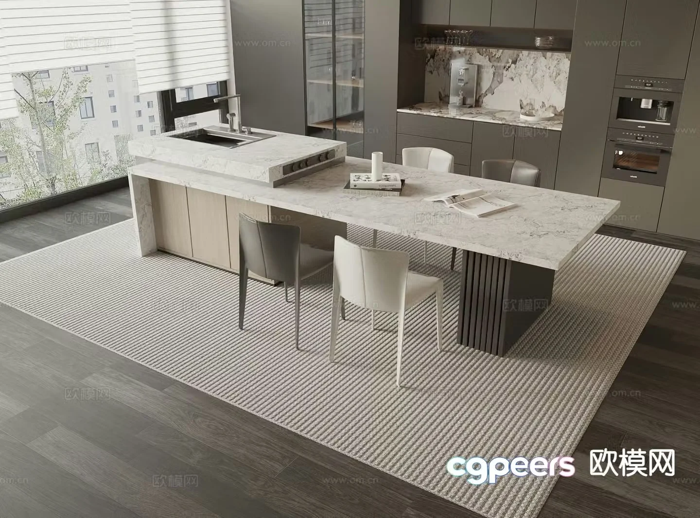 Modern island table dining table and chairs 3d model