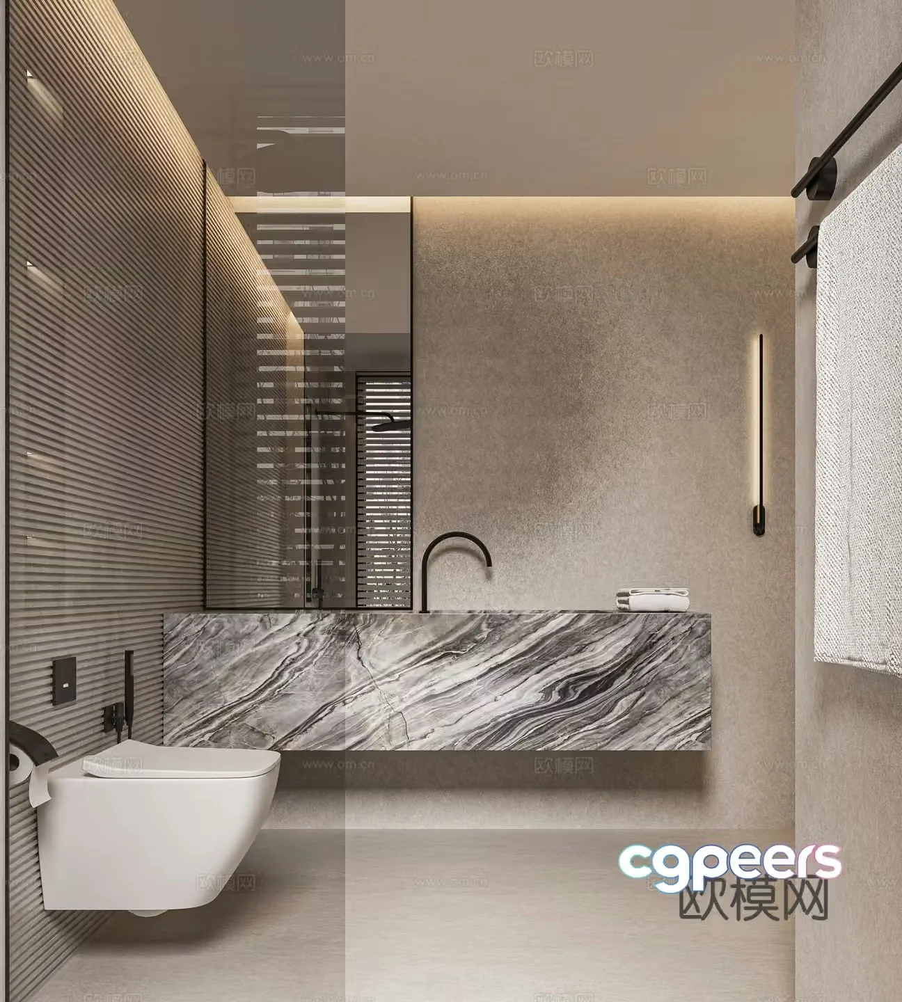 Modern minimalist bathroom wall-mounted toilet hanging sink bathtub without main light wet dry separation 3D model