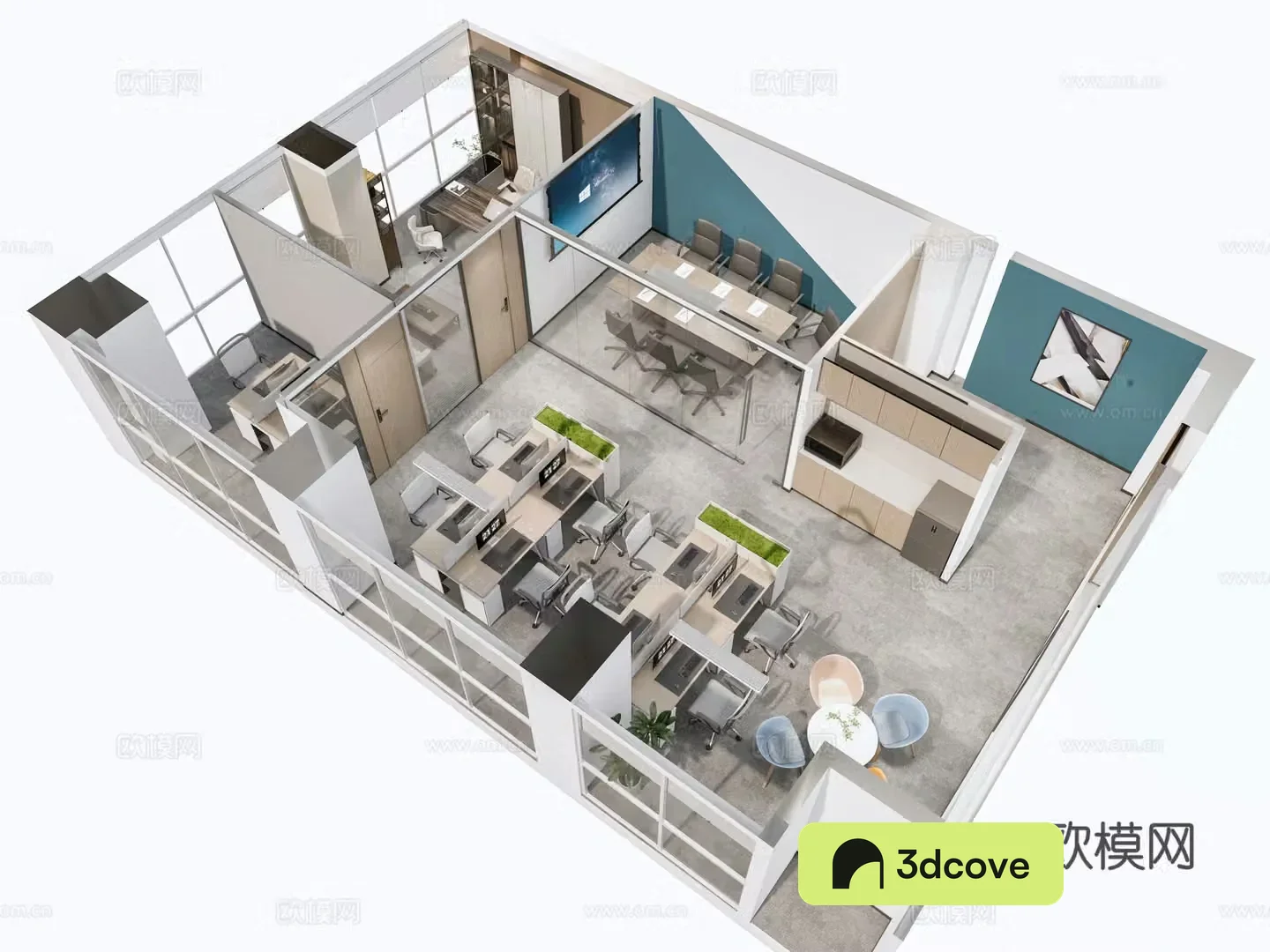 Modern office studio open office area manager office desk conference table
