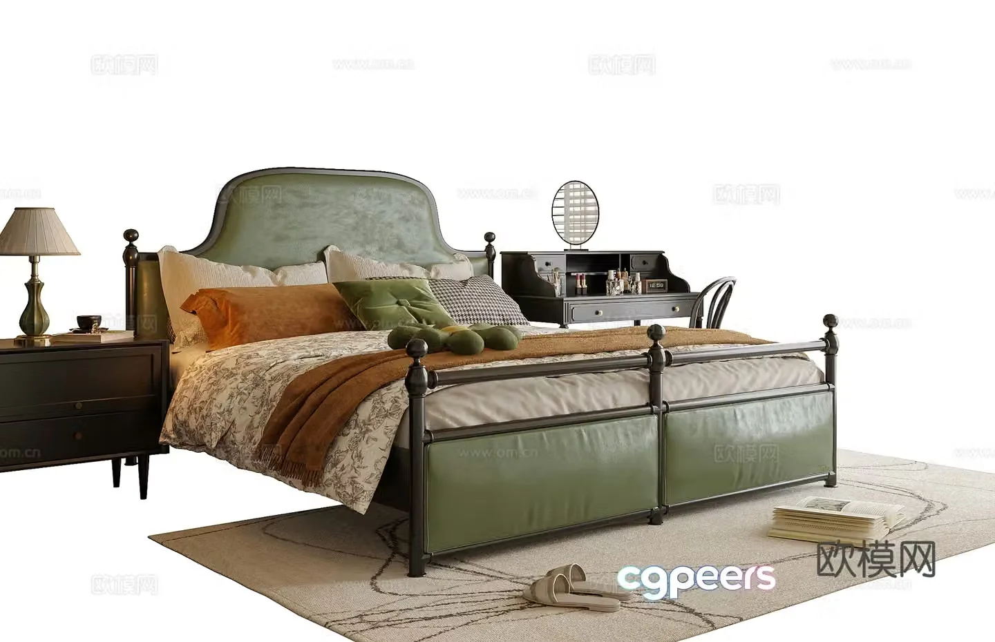 American double bed nightstand dressing table 3D model