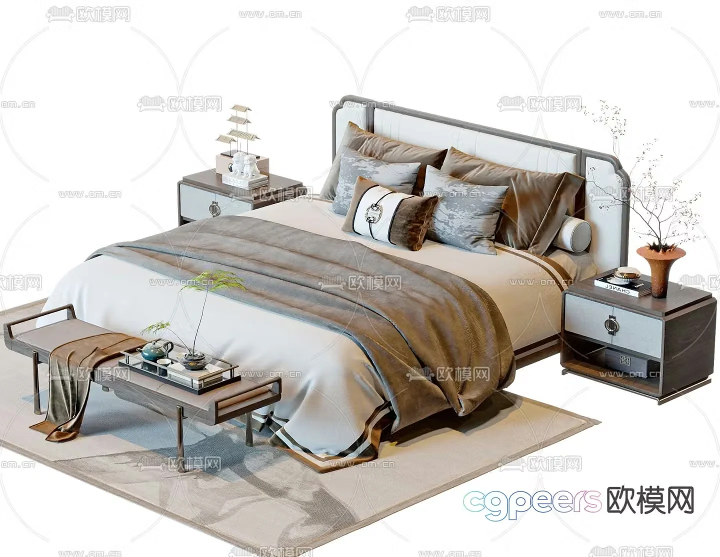 New Chinese style double bed 3d model