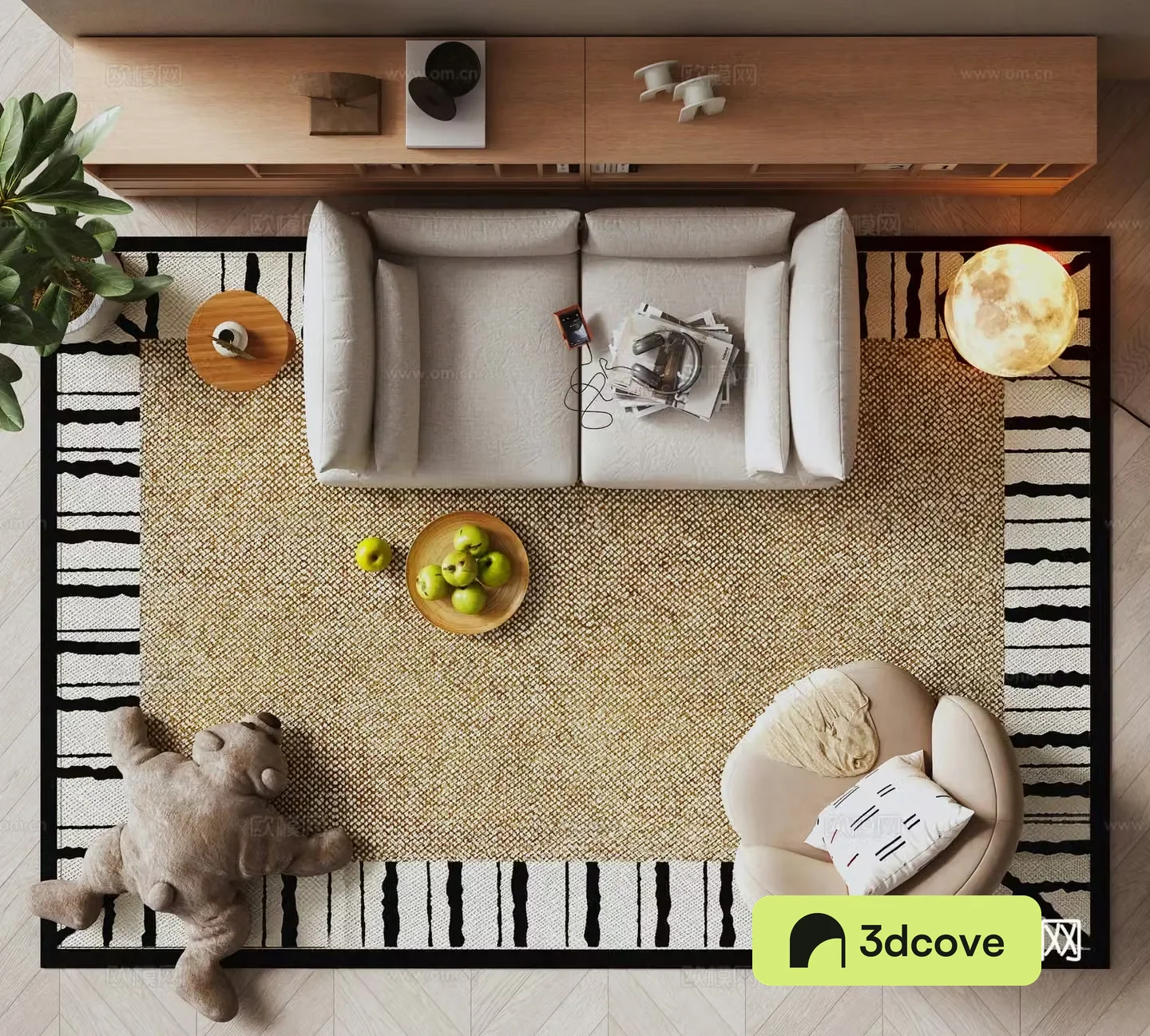 Modern double sofa square carpet green plant potted