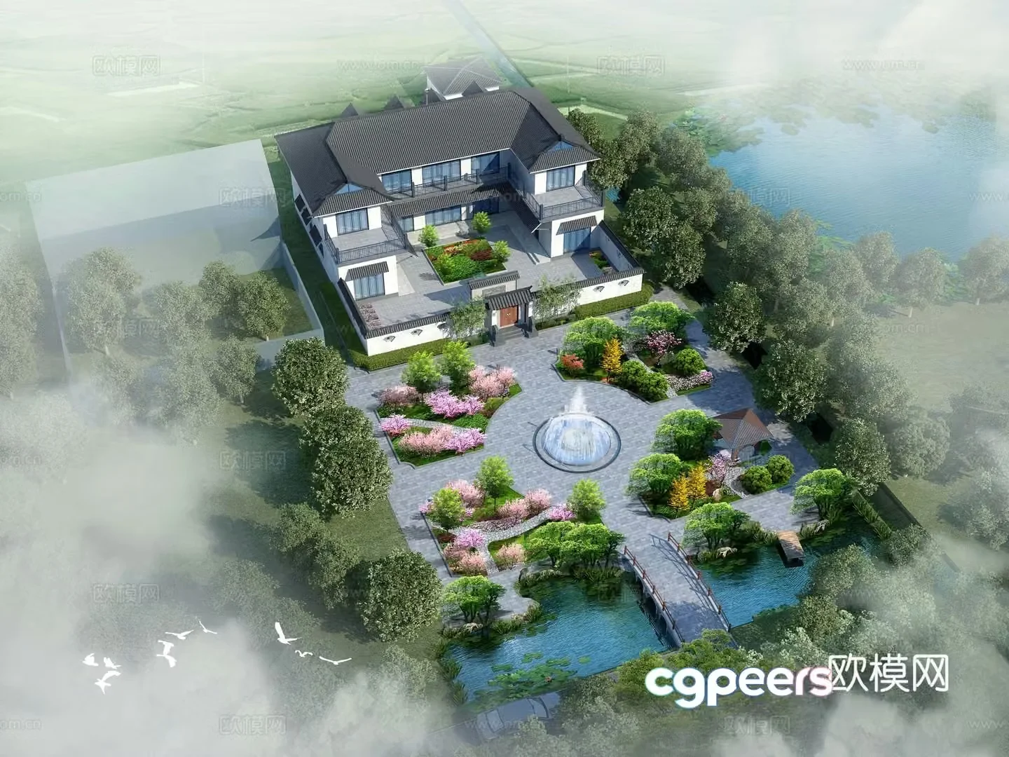 Aerial view 3D model of Chinese-style ancient courtyard