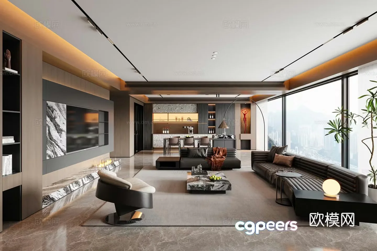 Modern Italian dining room sofa coffee table dining table chair chandeliers TV background wall wine cabinet 3d model