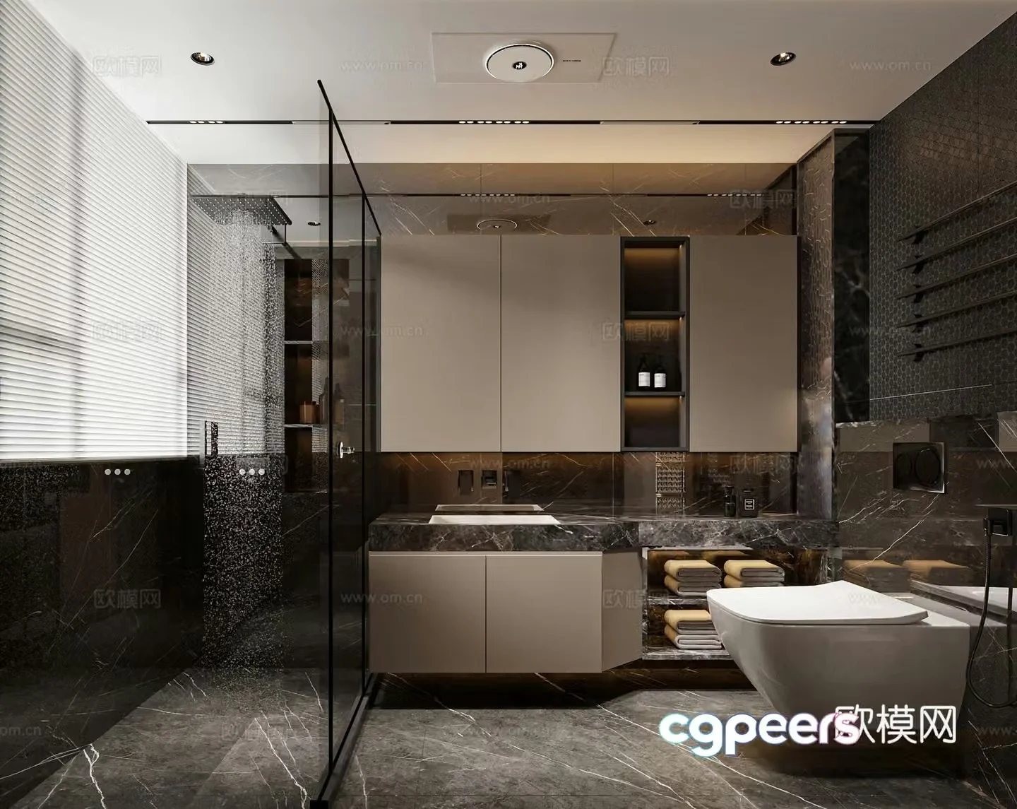 Modern dark bathroom floating toilet rain shower bathroom bathroom mirror hanging cabinet 3D model