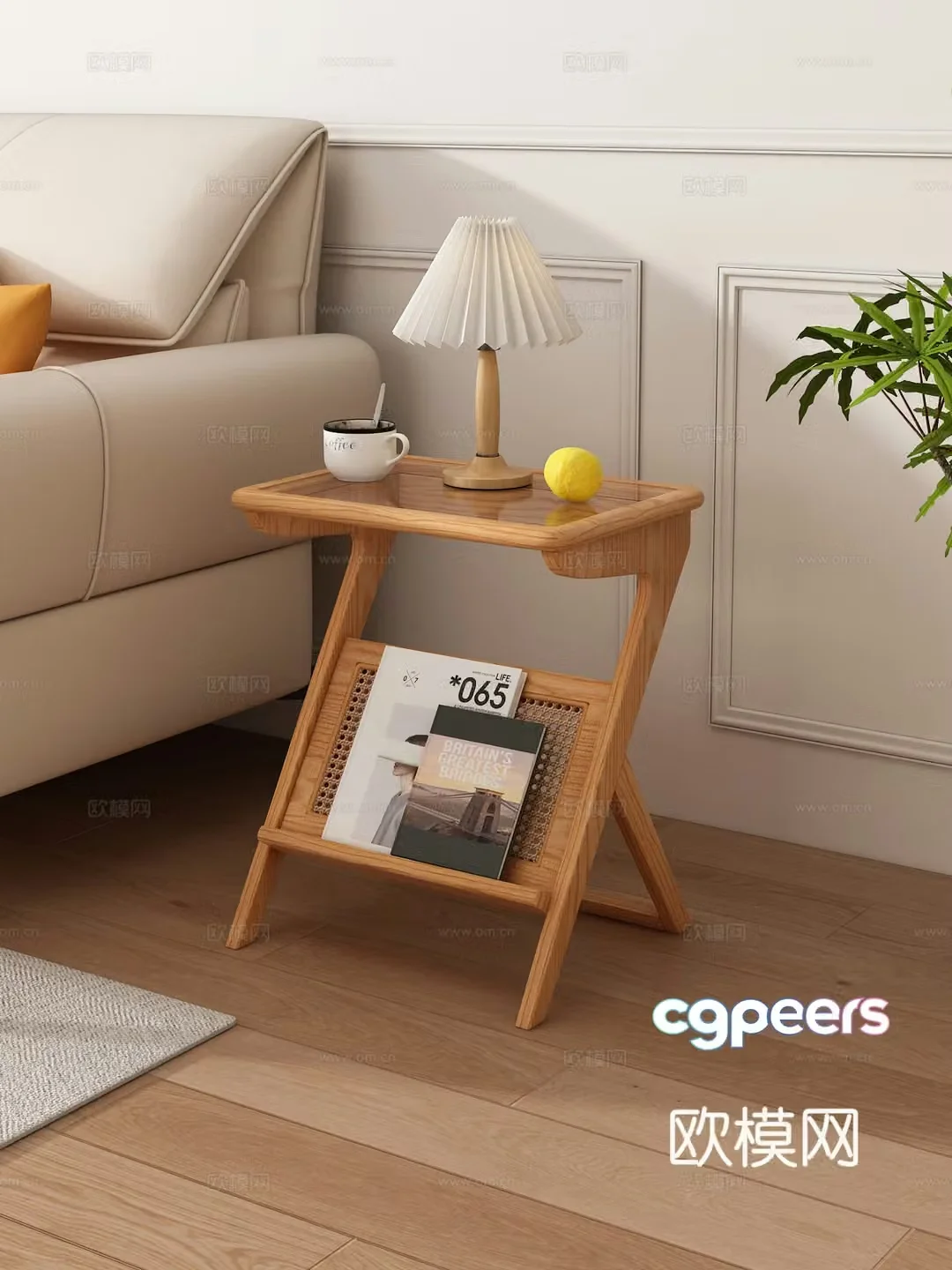 Z-shaped solid wood edge table Nordic log style small coffee table sofa edge table coffee lamp coffee fruit 3d model