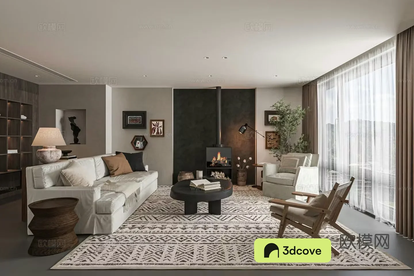 Wasabi Mixed Living Room Fabric Sofa Rattan Chair Living Room Without Lights Real Fireplace 3D Model
