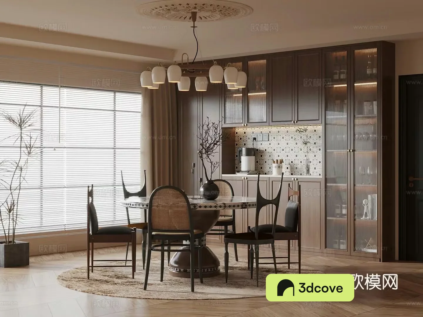 Middle-aged restaurant wine cabinet sideboard dining table and chair combination 3D model