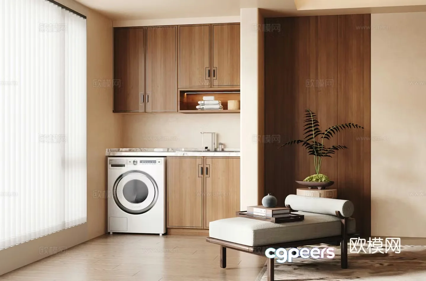 New Chinese style balcony washing machine cabinet storage cabinet bathroom cabinet 3D model