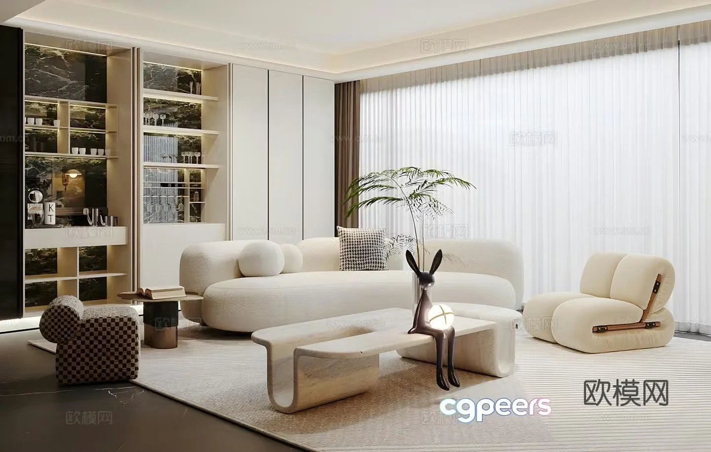 Light luxury Italian home living room high-end gray living room sofa and coffee table combination marble TV background wall 3D model