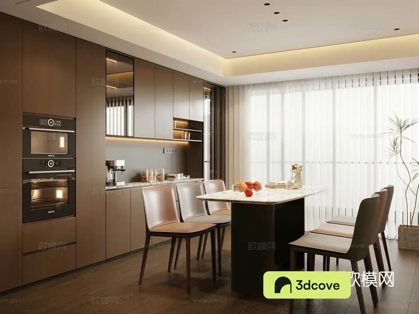 Restaurant Italian minimalist restaurant Dining table and chairs Wine cabinet