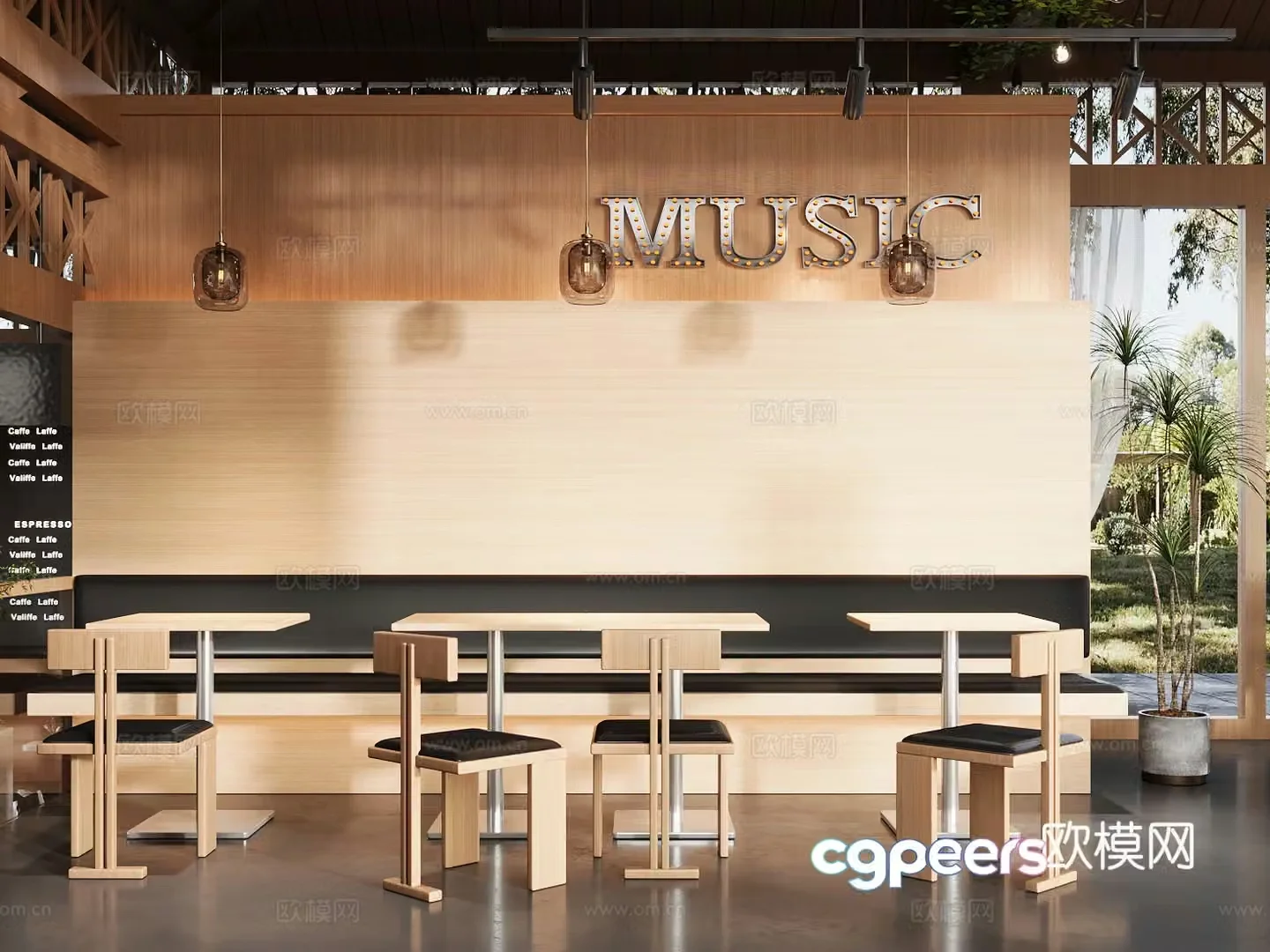 Log wood style milk tea shop cafe booth area 3D model