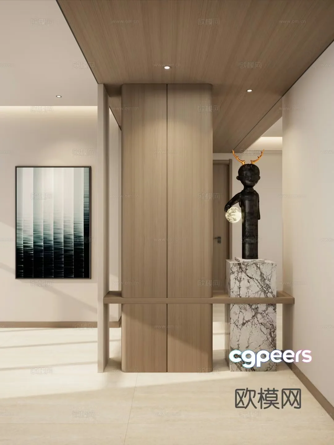 Nordic Cream Style Sculpture Partition Transparent View Solid Wood Top Hanging Painting Entrance 3D Model