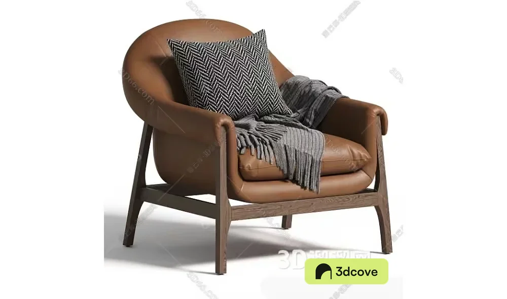 A Brown Leather Chair With A Throw Blanket And Pillow