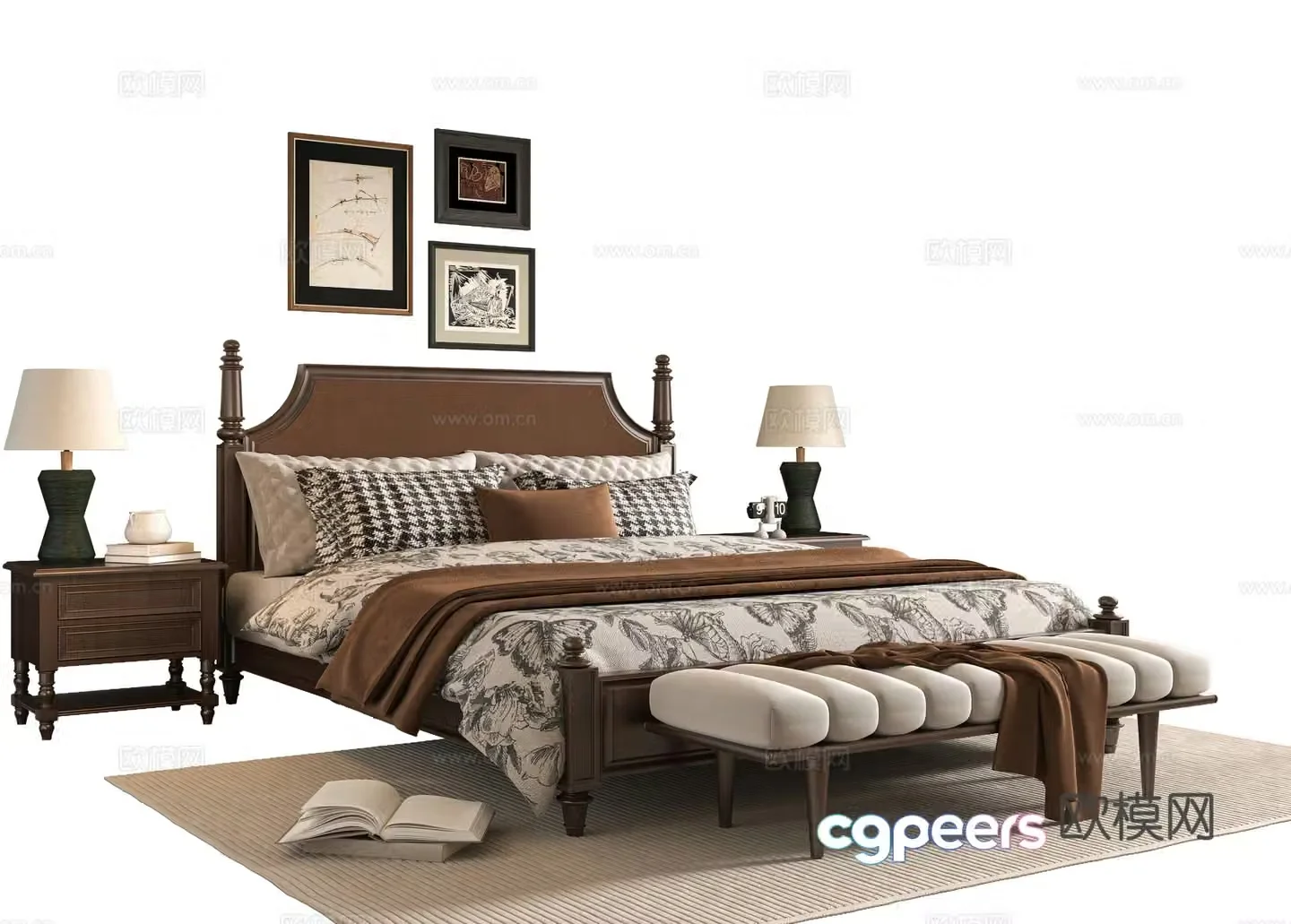 French double bed 3d model