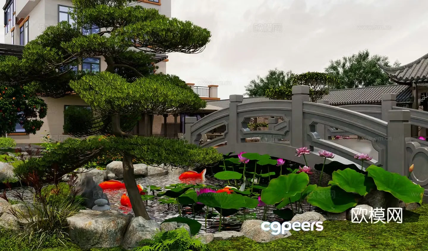 New Chinese-style fish pond courtyard landscape fish pond landscape small bridge lotus 3d model