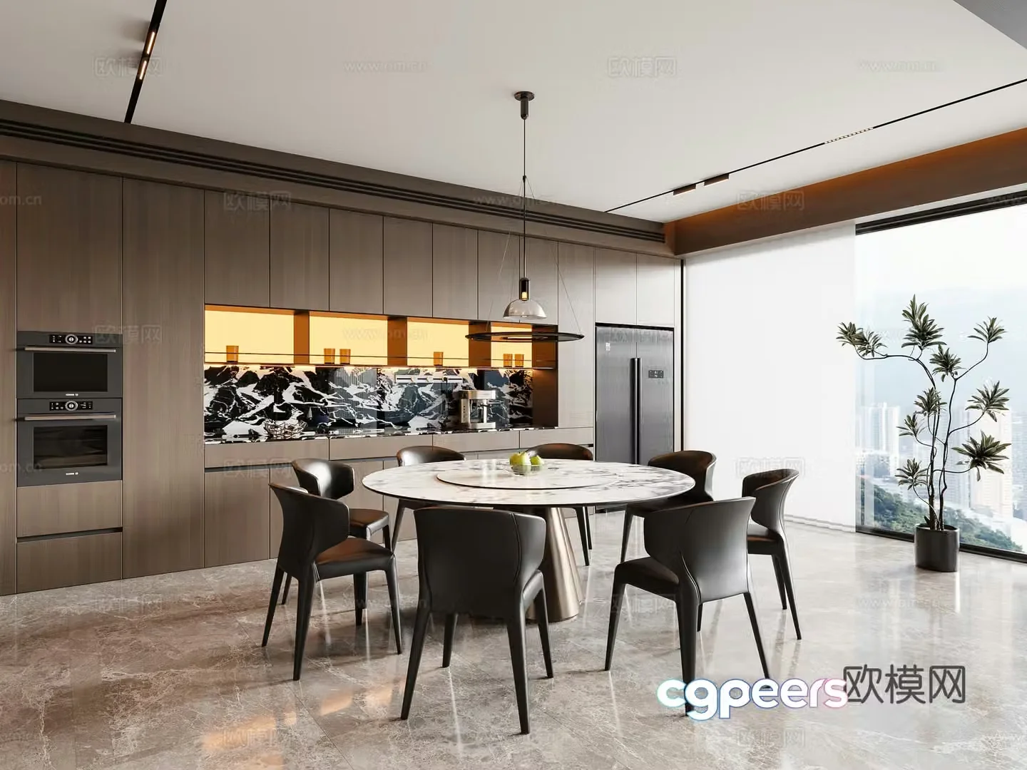 Modern Italian restaurant round dining table and chair chandeliers wine cabinet sideboard 3d model