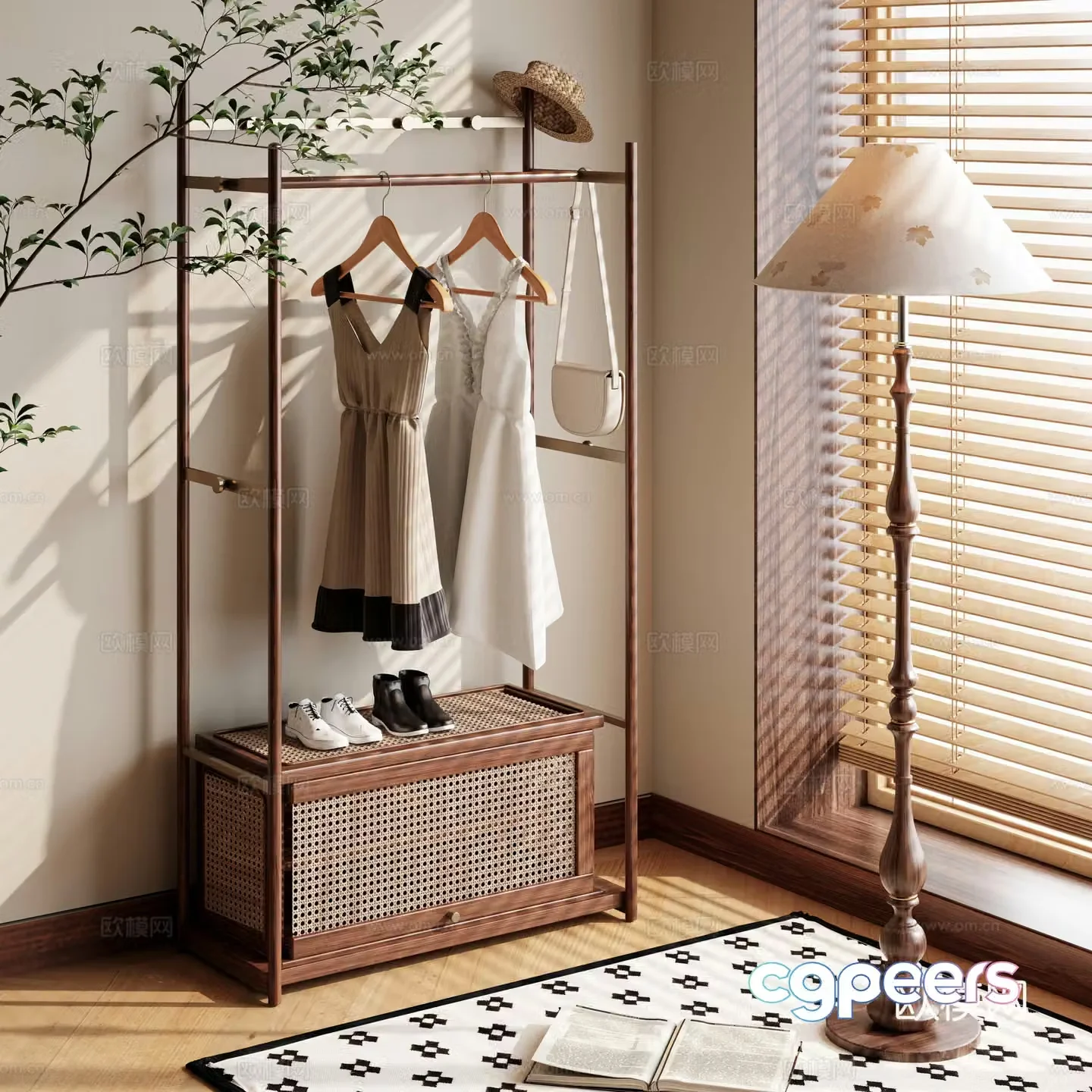 Clothes hanger floor-standing clothes hanger retro cream clothes hanger cabinet clothes hanger 3d model