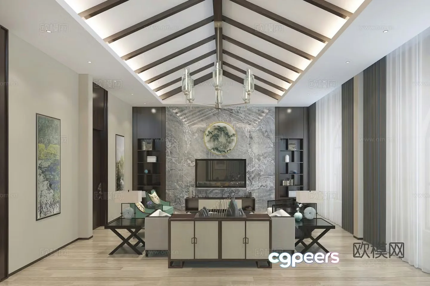New Chinese style living room dining room tea room foyer background wall sofa combination dining table and chairs 3D model