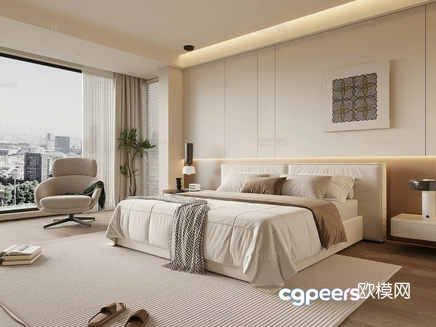 Modern minimalist bedroom master bedroom double bed wardrobe 3d model