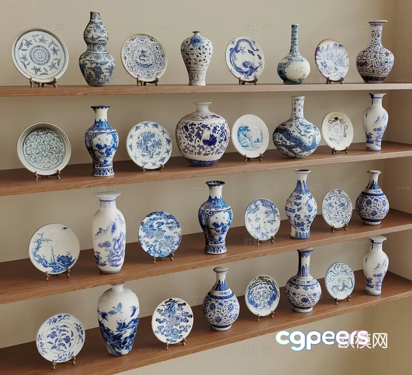 New Chinese style blue and white porcelain jar porcelain blue and white porcelain plate ceramic ware ceramic vase 3d model