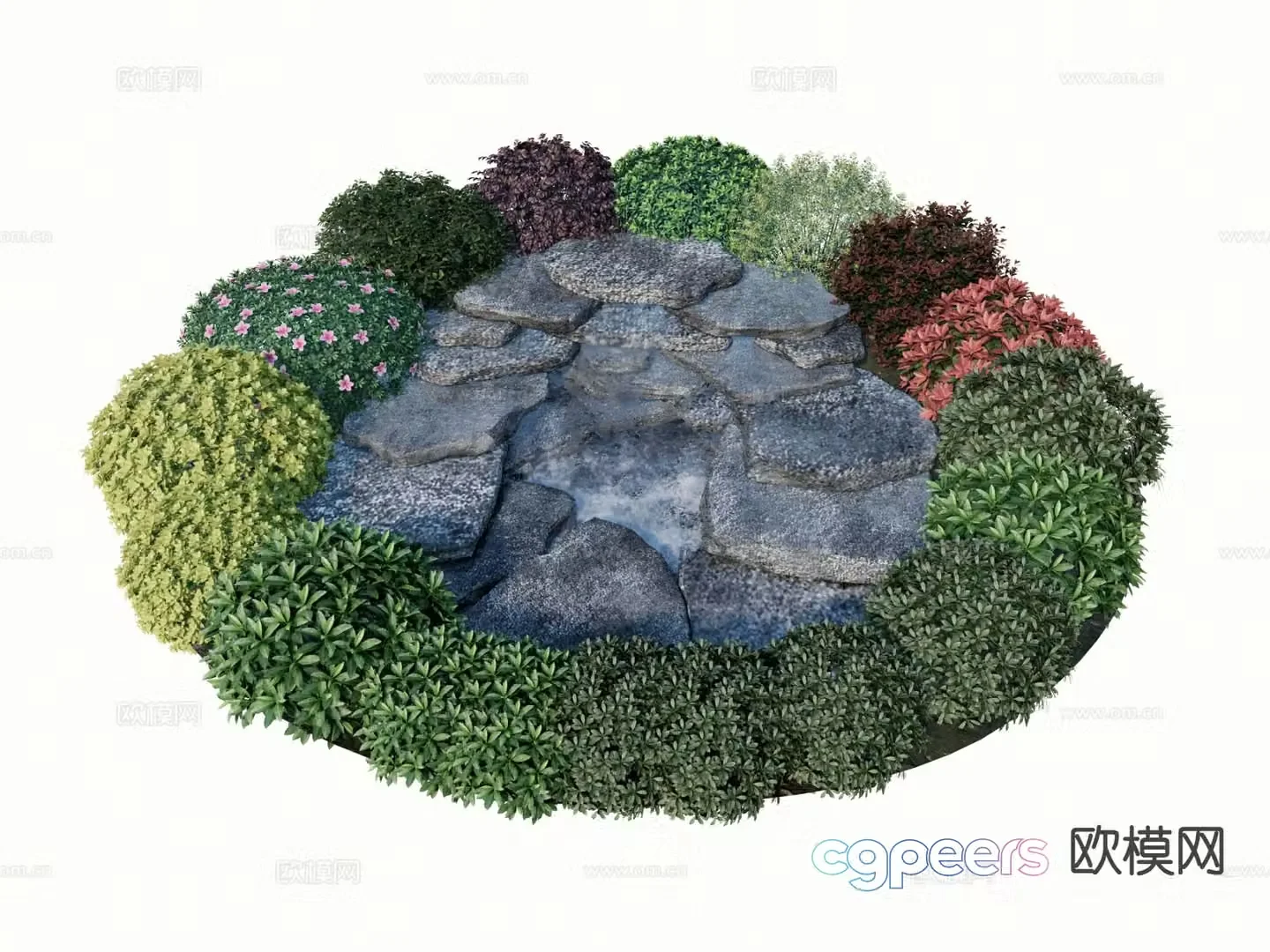 Modern schist water drop small pool shrubs and green plants 3D model